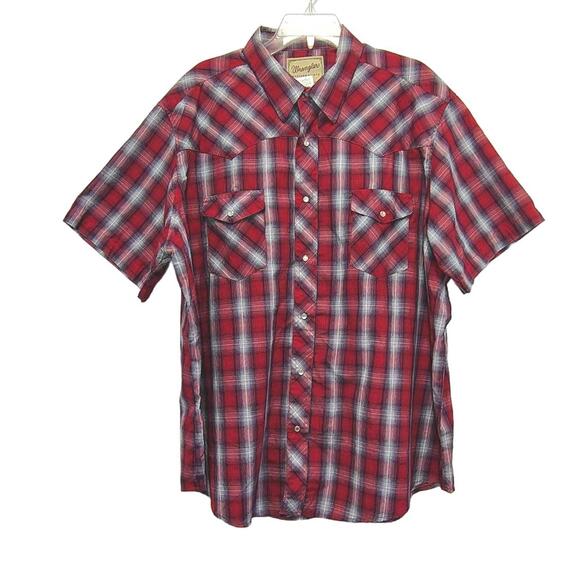 Wrangler Other - Wrangler Red Plaid Pearl Snap Short Sleeve Dress Shirt Size XXL Western